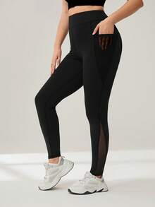 Auralis Athleisure Plus Size Women's Contrast Mesh Phone Pocket Side Sports Leggings Yoga Women Black Pants, Women Jogging Pants, Women Sportswear For Fall/Winter