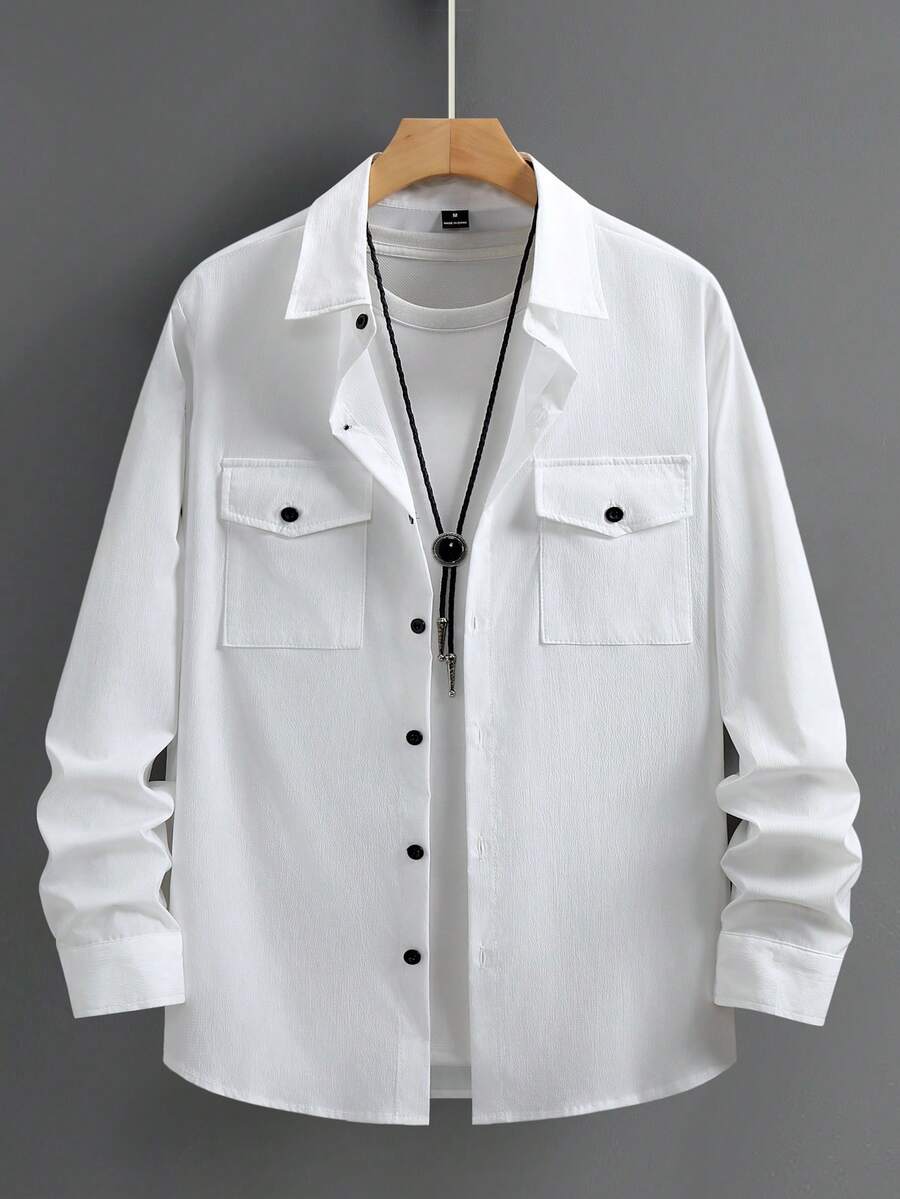 Manfinity Homme Men's Fashionable Casual Textured Fabric Long Sleeve Shirt Men S Button Up Shirt Men S Shirts White Men Shirt White Button Up Men Men White Button Up Shirt Long Sleeve Men Shirt Men White Casual Shirts Men Casual Shirts Casual Shirt With Two Pockets Long Sleeve For Men Old Money Daily Leisure, Weekend Trips, Outdoor Activities, Travel Expeditions, Relaxed Work Environments Or Semi-Formal Occasions,Boyfriend/Husband Gift, Anniversary Gift Christmas Outfits - White - View 1
