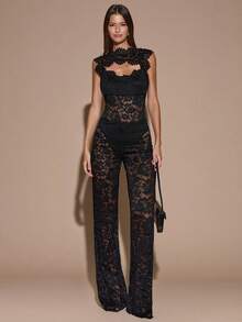 SHEIN BAE Autumn/Winter Women's Solid Black Sexy Sheer Lace Backless Jumpsuit, Elegant Going Out Outfit For Daily, Date, Party, Asymmetric Leg Wide Leg Jumpsuit, Valentine's Day Jumpsuit, Everyday Jumpsuit, Graceful Jumpsuit, Autumn Lace Jumpsuit, Halloween, Christmas - Black - View 3