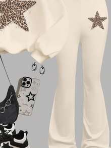 Conjunto de 2 piezas de sudadera de cuello redondo gruesa y suave, holgada, y pantalones acampanados gruesos, en color beige crema con estampado retro de leopardo y estrella, adecuado para otoño/invierno, estilo diario, campus, hogar, temporada cálida, ropa de otoño e invierno, fácil comodidad, capas de otoño e invierno para niñas, ropa gráfica de estrella para niños, nueva moda de otoño, estilo casual - Multicolor - Ver 4