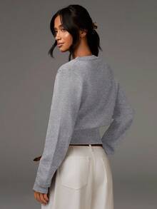 Athîral Women's Gray Autumn Casual Everyday Long Sleeve Button-Up Cropped Cardigan Sweaters,Solid Color Versatile Fall/Winter Knitwear - Light Grey - View 2