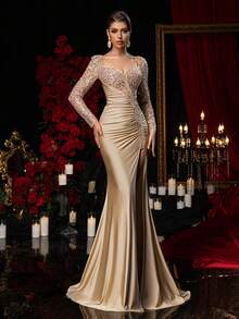 Glamrae 优雅奢华串珠亮片拼接弹力针织泳衣，透明长袖，性感开衩鱼尾裙，适合婚礼、派对、度假、庆典、晚礼服（大量装饰） - 香檳色 - 查看 7