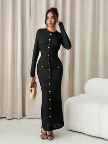SHEIN PETITE Black Textured Fabric Button Decor Back Slit Long Sleeve Elegant Long Dress For Women,For Summer Vacation,Women Summer Clothing ,Petite Women - Black - View 7
