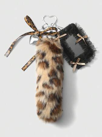 Grunge Punk 1 pezzo Stile gotico vintage dolce Y2K, coda finta in peluche grigio con stampa leopardata, fiocco in pelle a forma di cuore, portacard in rete di filo di CCB a forma di stella, ciondolo per borsa o portachiavi, adatto per impiegati, studenti e uso quotidiano, regalo per vacanze, Ognissanti