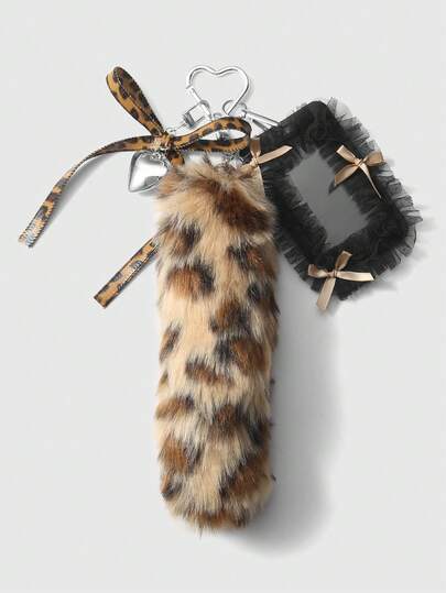 Grunge Punk 1 pieza Estilo gótico vintage dulce Y2K Leopardo gris de peluche falso cola, corazón de cuero lazo, titular de tarjeta de encaje de hilo de estrella CCB, llavero colgante de bolso DIY, adecuado para trabajadores de oficina, estudiantes y uso diario, regalo de vacaciones, Halloween