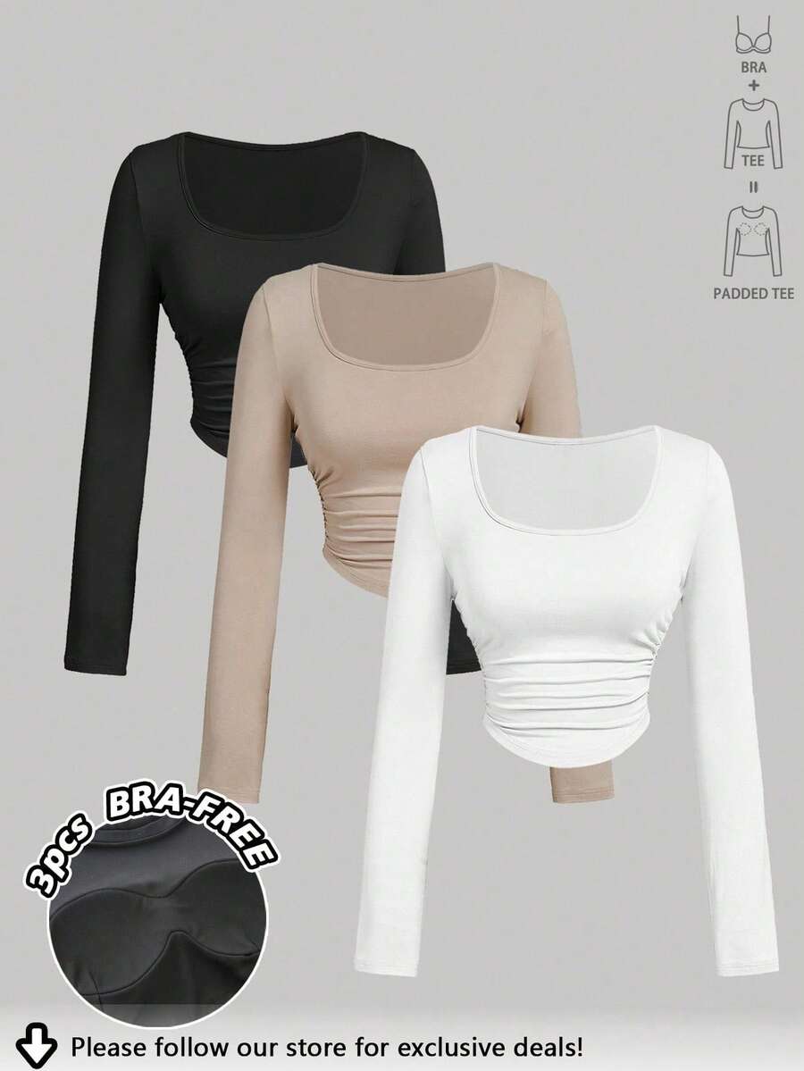 Tseoso 3 件套女士休闲方领褶皱腰不对称下摆长袖 T 恤套装，内置衬垫，蝴蝶结，百搭百搭，秋冬，优雅，复古，可爱，复古，休闲修身 W - 彩色 - 查看 1