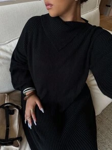 Dripcurv Plus Size Women's Casual Black Knit Dress, Minimalist Daily Wear, Retro Vintage Style, Suitable For Autumn/Winter And New Year - Black - View 8