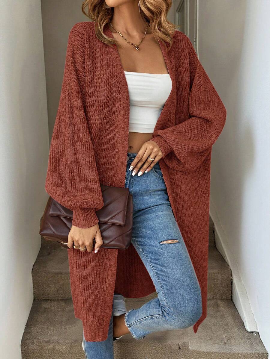 Easowa Áo khoác cardigan dáng dài rộng rãi, màu trơn đơn giản, dáng rộng, tay đèn lồng, dáng thường ngày cho nữ, mùa thu/đông - màu nâu - Xem 1