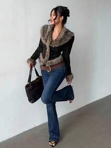 Aloruh 女士秋冬绒面抓绒外套，黑色波西米亚性感外衣，拼接人造毛皮大衣 - 黑色 - 查看 4