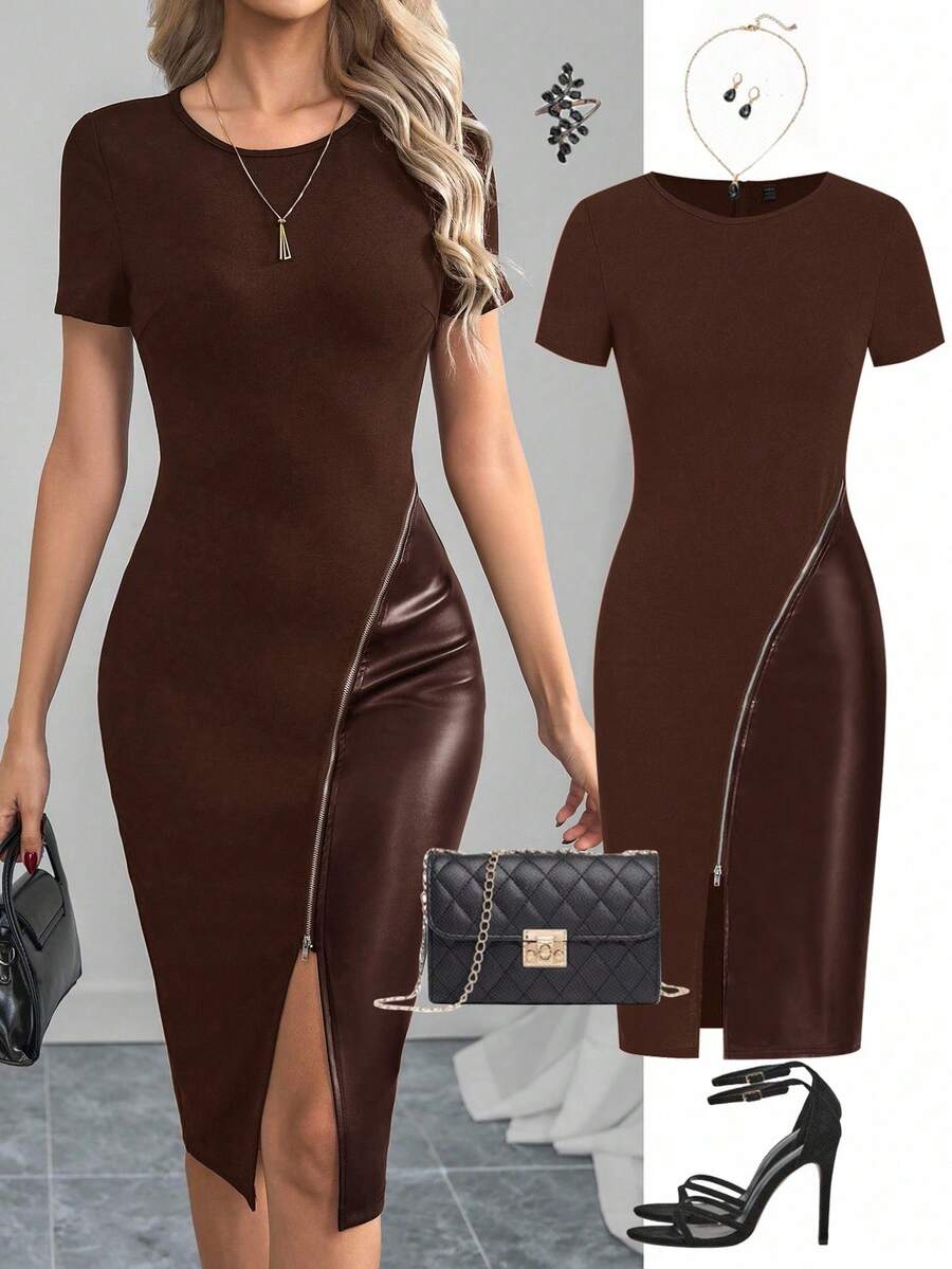Ellevyn 优雅女士冬季黑色短袖拼接PU皮革拉链开衩紧身连衣裙 - 咖啡 - 查看 1