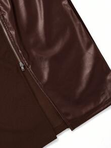 Ellevyn 优雅女士冬季黑色短袖拼接PU皮革拉链开衩紧身连衣裙 - 咖啡 - 查看 4