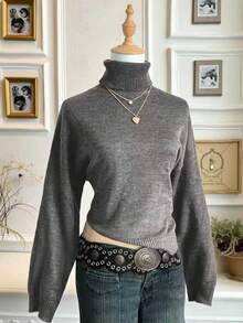 INAWLY Damen Lässiger Alltags-Pendler vielseitiger Pullover mit Pferde-Stickerei, hoher Kragen, weite Strickware, Herbst/Winter - Grau - Übersicht 3