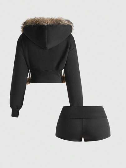 ROMWE Avant Ensemble sweat-shirt à capuche et pantalon en velours patchwork de strass Y2K, automne/hiver pour femmes