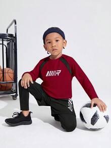 SHEIN 男童宽松休闲圆领拼色长袖T恤和裤子，2件套运动套装男童运动服儿童健身服男童运动服儿童运动服