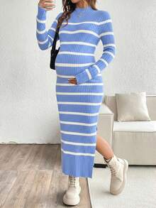 SHEIN 孕妇立领条纹长袖修身休闲针织连衣裙 - 藍色 - 查看 7