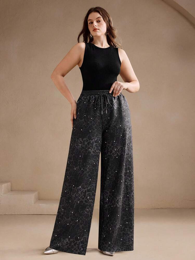 Women's Elegant Leopard Print Rhinestone Embellished Sweatpants, Autumn/Winter