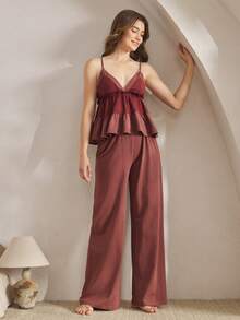 Ocili Women's Contrast Ruffle Hem Camisole And Wide Leg Pants Pajama Set - Rose Red - View 4