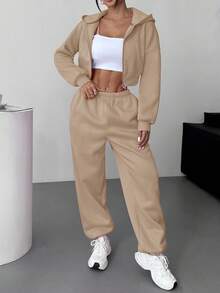 SHEIN EZwear Bộ đồ thể thao thường ngày bằng vải kaki dệt kim dành cho nữ - Màu Khaki - Xem 6