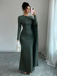 Elenzga Váy dự tiệc sinh nhật màu xanh da trời thanh lịch mùa hè mới, váy dài xếp ly eo đa năng dành cho nữ - màu xanh lá - Xem 6