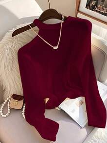 Franclia T-shirt à manches longues ajusté avec épaules obliques de couleur unie pour femmes grandes tailles,Topt tricoté côtelé - Rouge - Voir 2