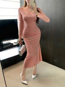 DAZY Váy dài vừa phải lót nhiệt đuôi cá phối ren chắp vá thời trang thu đông dành cho nữ - Hồng - Xem 8