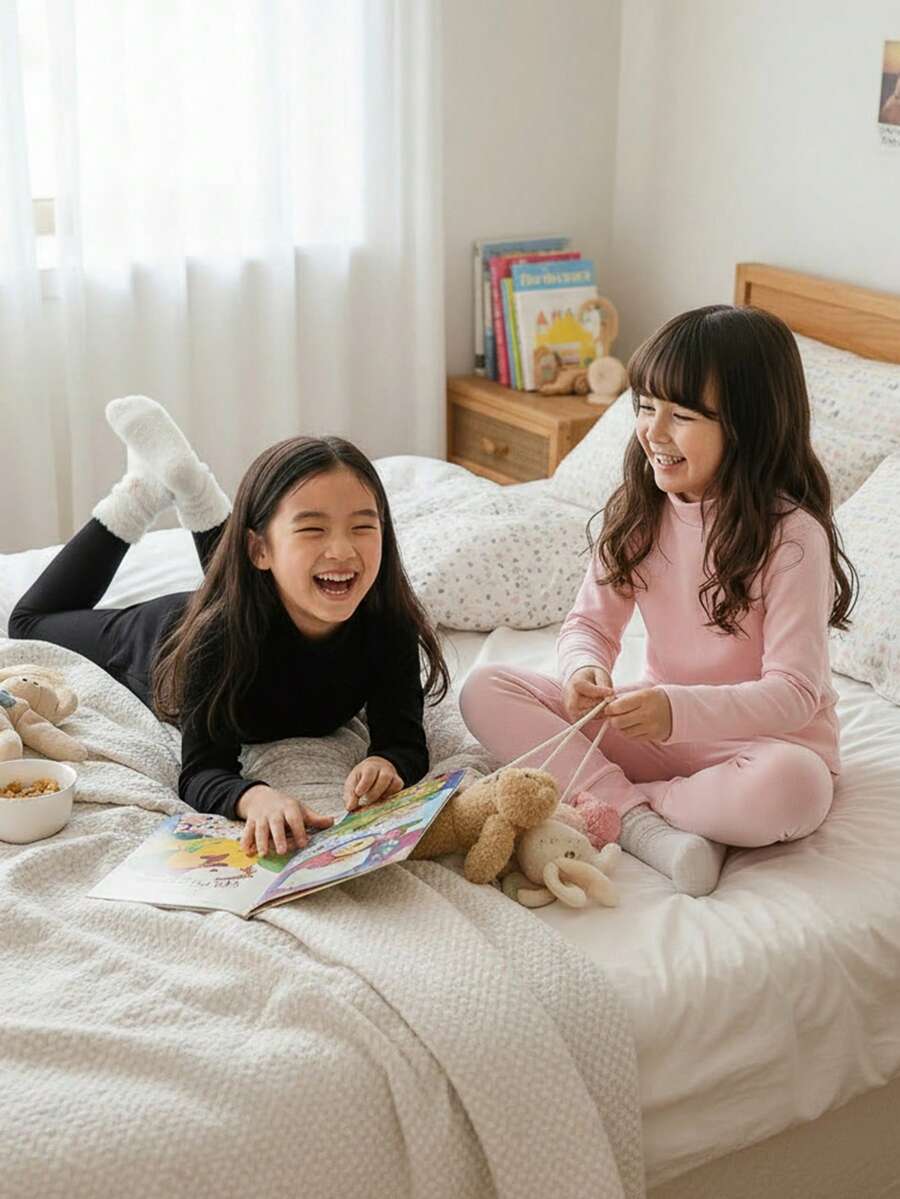 SHEIN 4pcs Girls' Minimalist Black & White Fleece Long Sleeve Top And Pants 4-Piece Pajama Set, Autumn/Winter - Multicolor - View 1