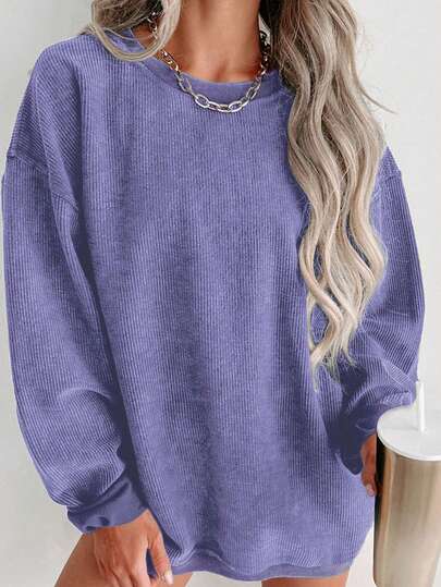 INAWLY Blue Simple Fashion Corduroy Basic Crew Neck Long Sleeve Loose Sweatshirt For Women, Autumn/Winter Graduation, Teachers For Women, Back To School Pullover Fall