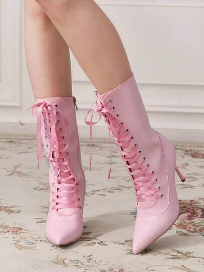 Kawaii Sexy Fashion Women Boots, Pointed Toe High Heel Leather Ankle Boots, Pink Fuzzy Shaft, Warm And Stylish