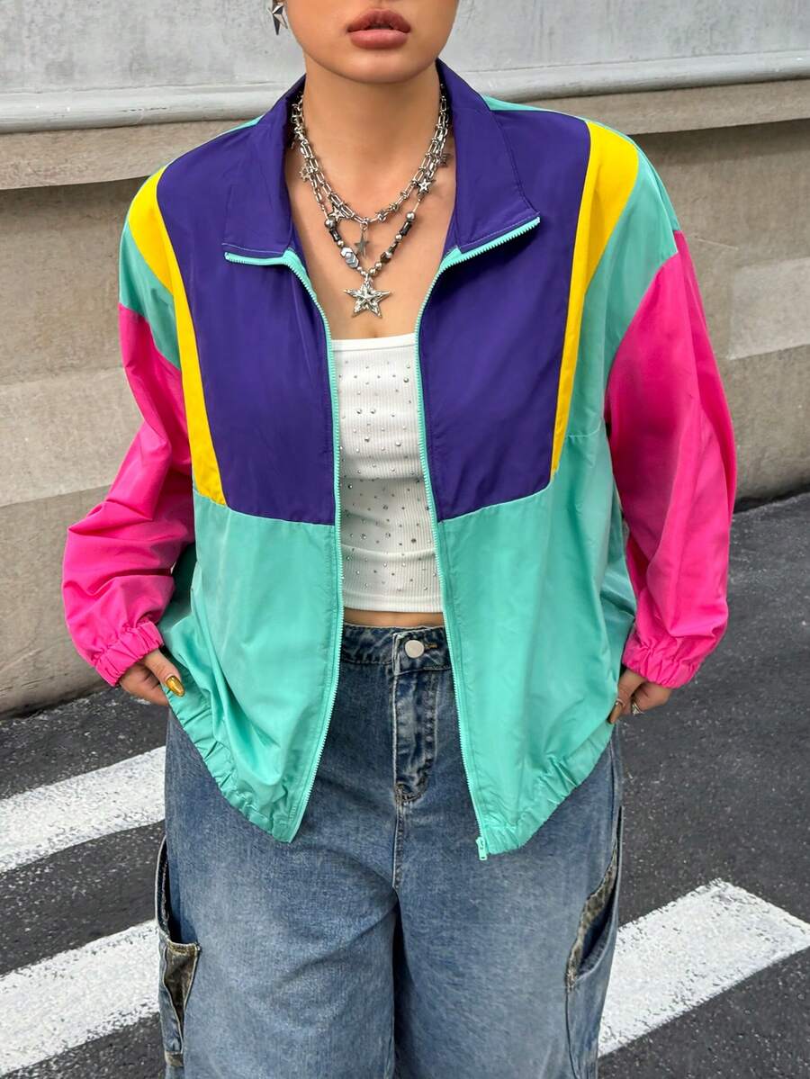 Muchica Plus Size Color Block Patchwork Jacket, Casual Autumn - Multicolor - View 1