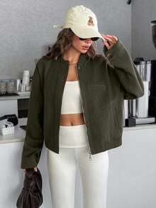 EURMUSE Women's Cropped Bomber Jacket With Elastic Hem And Minimalist Design, Stylish And Versatile Outerwea - Army Green - View 6