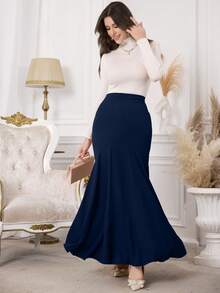 Modelyn Fitted High Waist Mermaid Flare Hem Women Skirt - Navy Blue - View 8