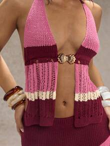 SHEIN Glamour Pink Stripe,Autumn,Boho,Vacation,Holiday Ladies' Elegant Knit Sleeveless Top & Long Hem Skirt Two Pieces Set,Fashion Crochet Party Outfit - Multicolor - View 3