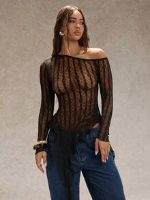 SHEIN Glamour Áo ren tay dài hở vai, viền bất đối xứng cho nữ, gợi cảm và mỏng manh, thích hợp mặc nhiều lớp hoặc mặc riêng, mùa thu/đông - màu đen - Xem 3