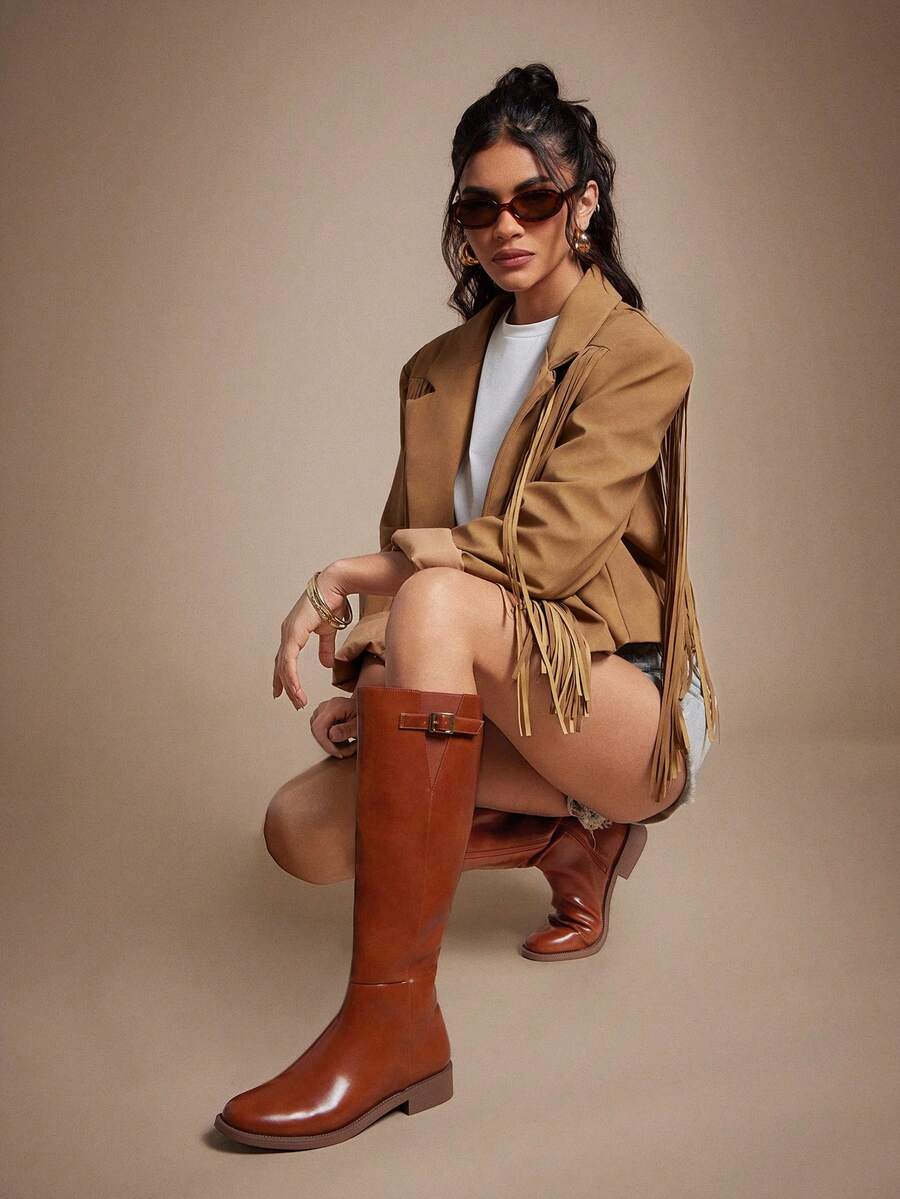 SHUZIA Women's Comfortable Chunky Lug Sole Knee High Boots With Adjustable Buckle - Brown - View 1
