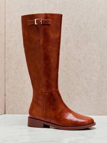 SHUZIA Women's Comfortable Chunky Lug Sole Knee High Boots With Adjustable Buckle - Brown - View 5