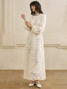 Cévolie 女式中式立领灯笼袖优雅蕾丝刺绣腰部收腰中长连衣裙，米色 - 米色 - 查看 4