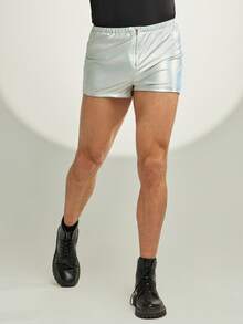FeverCity Men's Solid Color Zipper Casual Elastic Waist Shorts - Silver - View 3