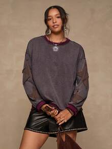 Freevana 大码女式休闲波西米亚嬉皮风格复古拼布刺绣圆领长袖 T 恤 - 咖啡棕 - 查看 3