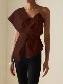 Vesra Women's Solid Color Minimalist Twist + One Shoulder Blouse - Rust Brown - View 5