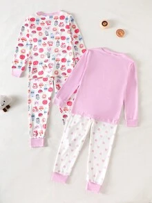 4pcs Girls Cartoon Graphic Long Sleeve Top And Leggings Casual Comfortable Homewear Set, Spring/Autumn Girls Cute Set Girl Sleep Wear Pjamas Set Summer For Girl Kid Girl Pajama Sets Cute Sleepwear,Snug Fit - Pink - View 2