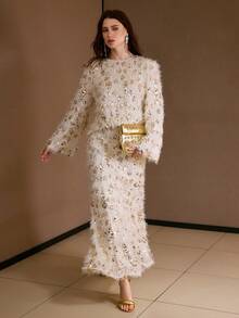 MOTF PREMIUM 2PCS/SET MINIMALIST SEQUIN FUZZY TOP AND SKIRT SET, AUTUMN/WINTER - Apricot - View 7