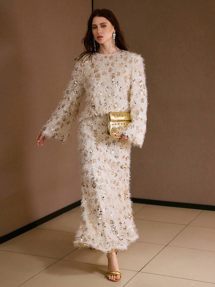 2PCS/SET MINIMALIST SEQUIN FUZZY TOP AND SKIRT SET, AUTUMN/WINTER