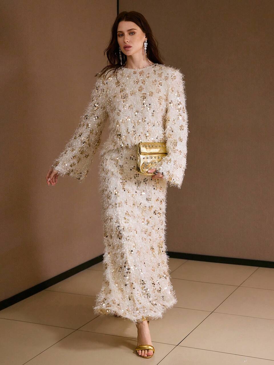 2PCS/SET MINIMALIST SEQUIN FUZZY TOP AND SKIRT SET, AUTUMN/WINTER