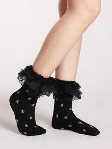 ROMWE Kawaii 2 Pairs Y2K Punk Style Black & White Contrast Music Note Mid-Calf Leg Warmers And Sexy Lace Trim Solid Color Lace Leg Warmers Set, Suitable For Music Festivals, Anime-Inspired Outfits, Casual Wear - Black and White - View 5