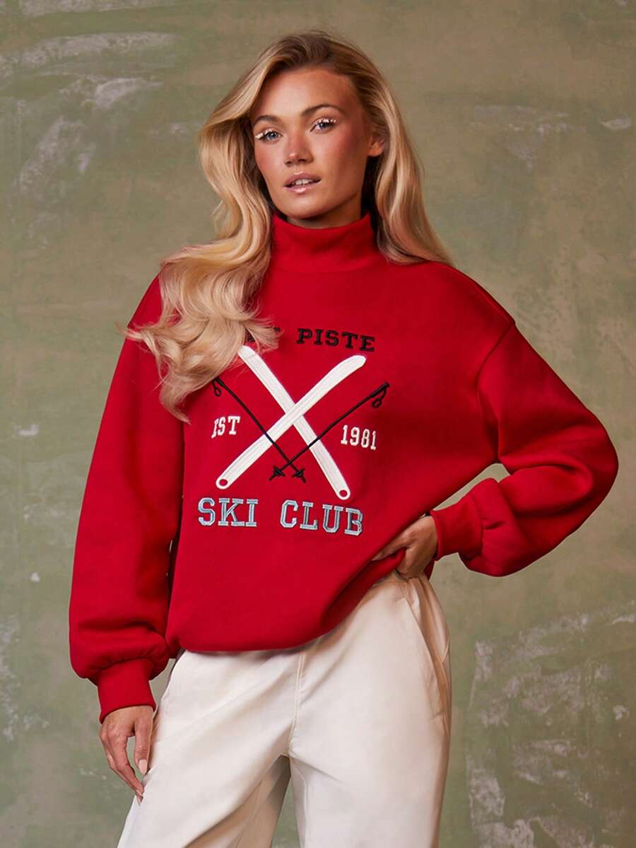 Athîral 2025 Winterkollektion Neuheit: Locker sitzender bestickter Grafik "SKI CLUB" Sweatshirt, roter Sweatshirt, perfekt für Winter, Weihnachten, Feiertage, bequem, süß, Feiertage, Lässig Feiertage, Après-Ski Tragen, Winteroberbekleidung - Rot - Übersicht 1