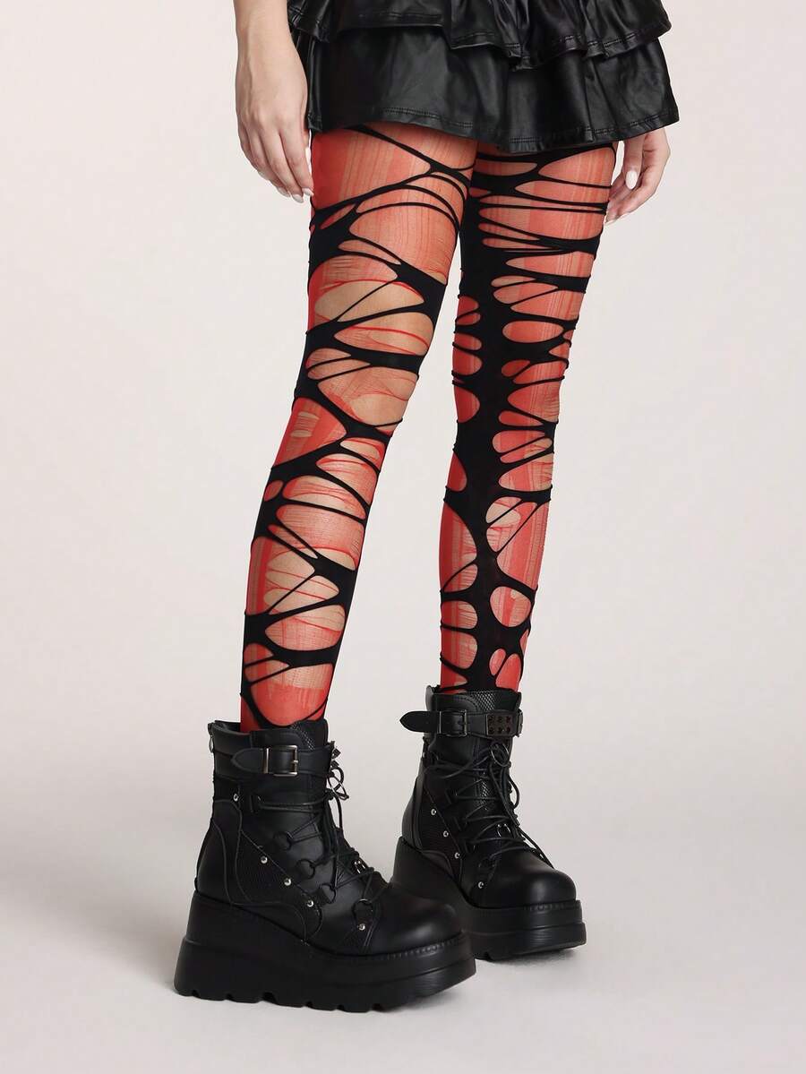ROMWE Grunge Punk 1 Pair Of Minimalist Red Stockings (The Stockings Need To Be Manually Torn By Yourself) + 1 Pair Of Ripped Black Pantyhose, Y2K Pantyhose Stacking Combination Set, Daily Versatile Semi-Transparent Sexy Elastic Pantyhose - Multicolor - View 1