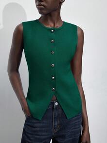 Maija Top de Tricô Feminina com Decote Redondo e Sem Mangas, com Decoração de Botão Metálico, Suéter Básico para Uso Urbano, Casual Business, Uso no Escritório, Elegante para Festa de Natal, Confraternização de Ano Novo