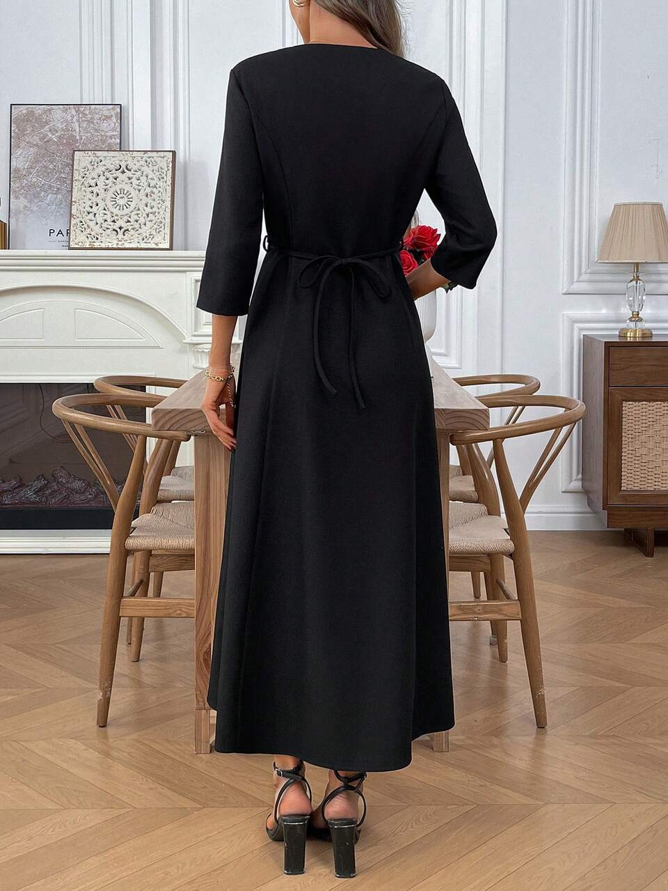 Women's Solid Color V-Neck Raglan Casual Front Button Elegant Maxi Dress