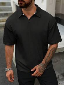 Manfinity CasualCool Manfinity 男士休閒 Polo 衫，黑色短袖，紋理布料，夏季純色通勤 Polo 衫，適合高爾夫球衫，拉鍊設計，正式款 - 黑色 - 查看 7