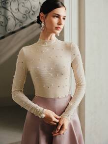 Anewsta Women's Autumn/Winter New Mesh Long Sleeve Pearl Rhinestone Sexy Base Layer Top, Elegant T-Shirt - Apricot - View 6